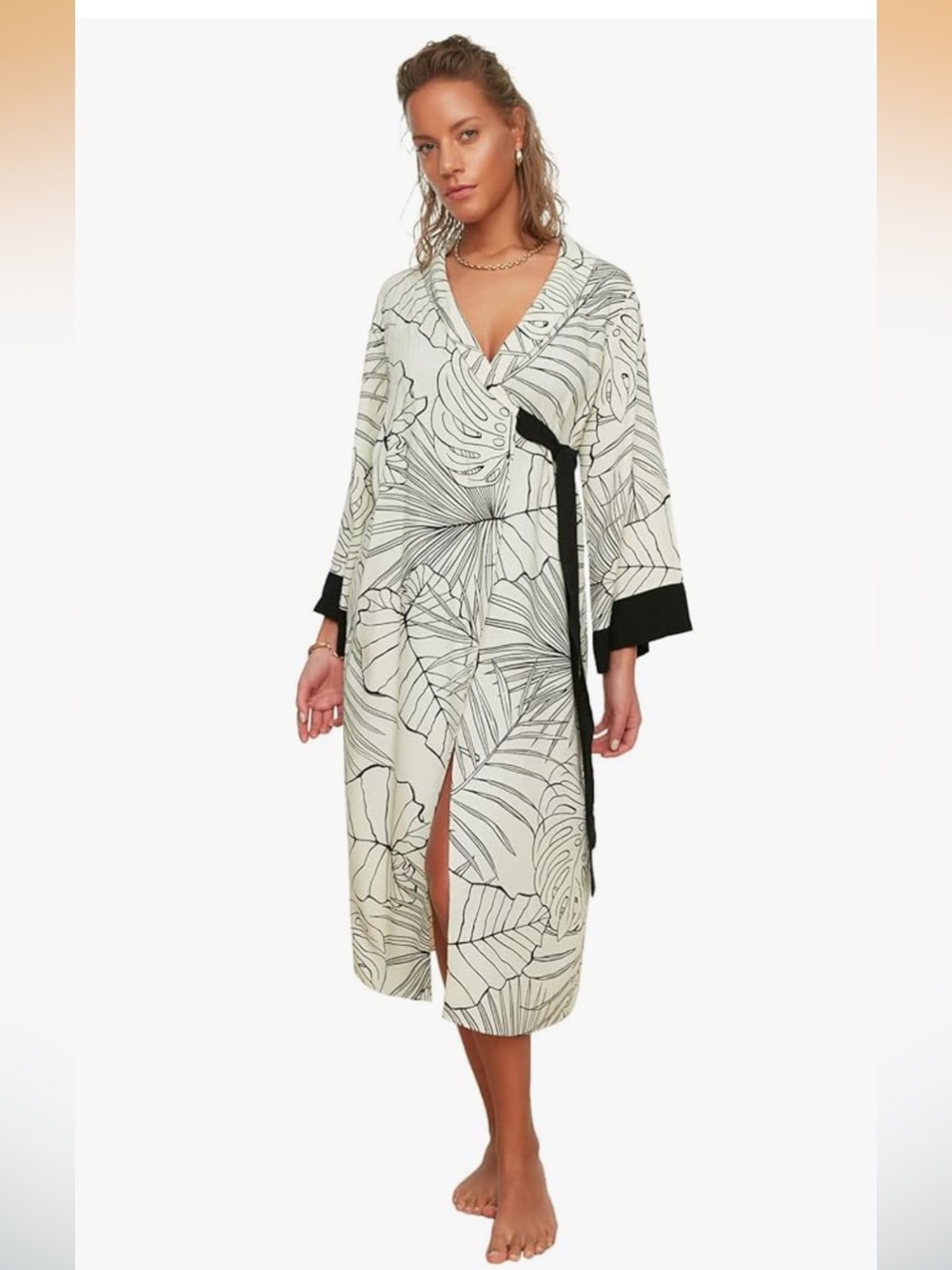 Black and White Leaf-Print Wrap Dress